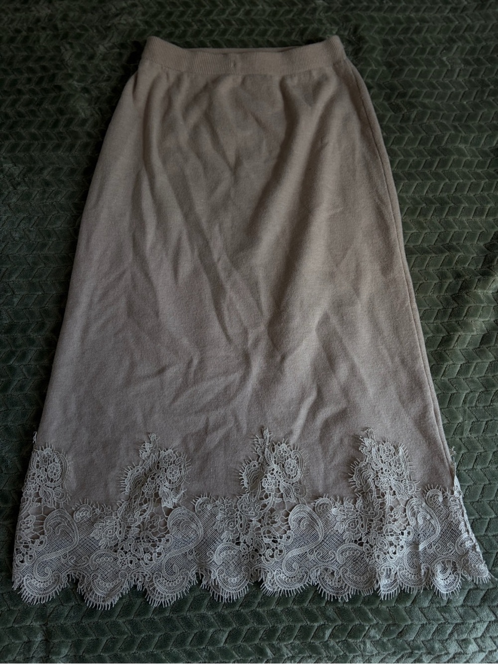 Taupe Lace-Trim Midi Skirt